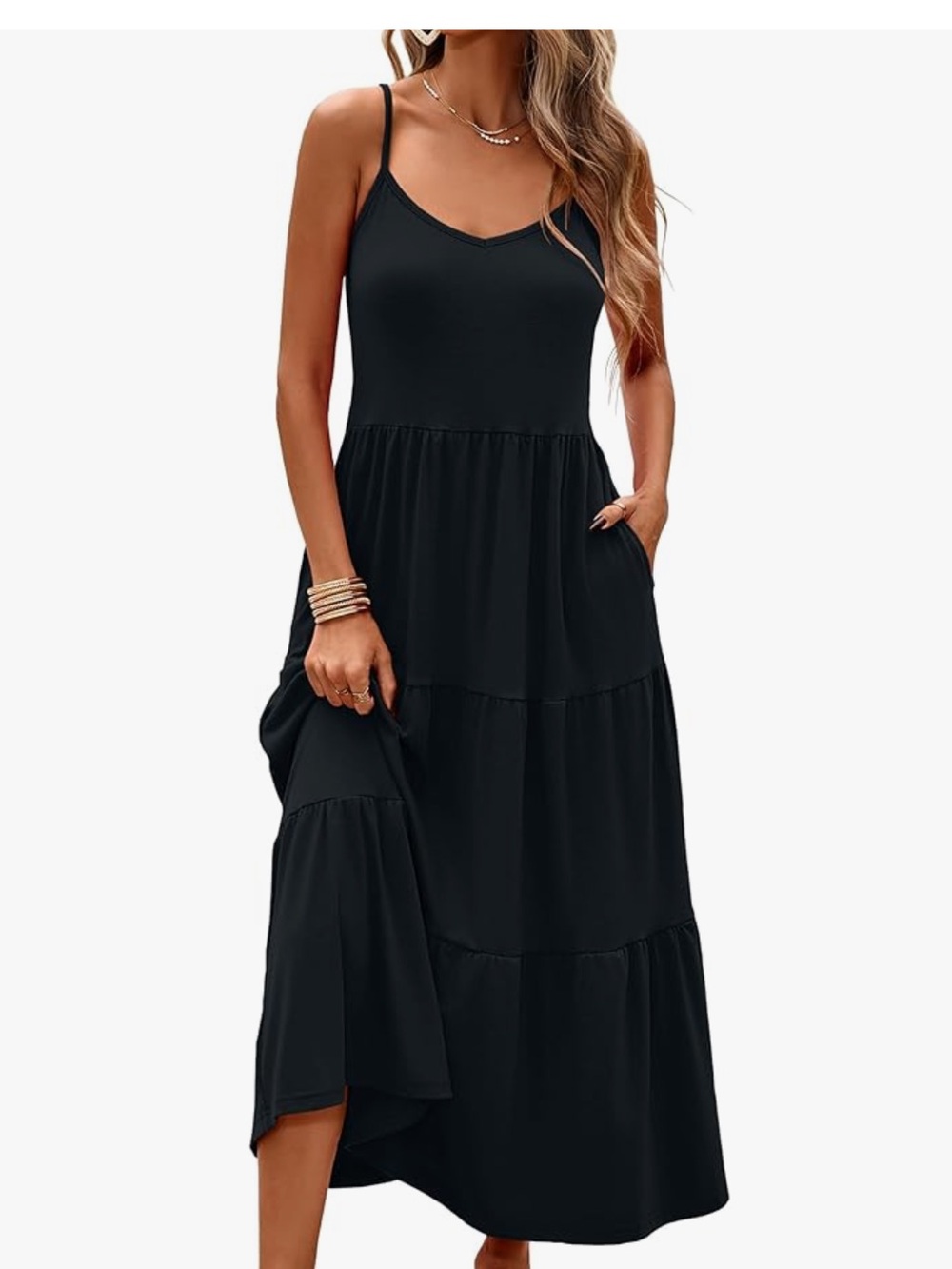Women's Black Tiered Maxi Dress with Spaghetti Straps